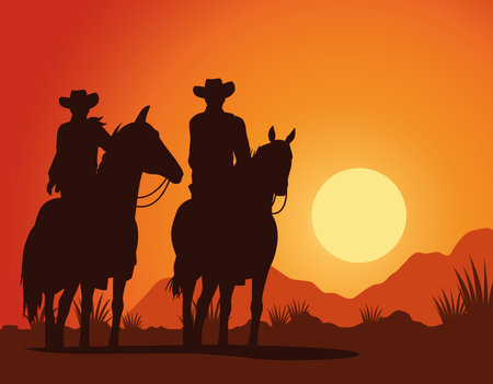 cowboys figures silhouettes in horse characters sunset lansdscape scene vector illustration designのイラスト素材