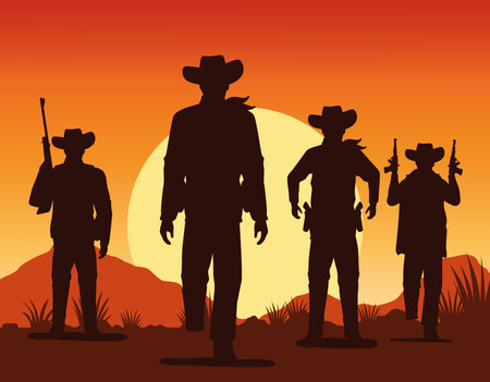 cowboys figures silhouettes with guns characters sunset lansdscape scene vector illustration designのイラスト素材