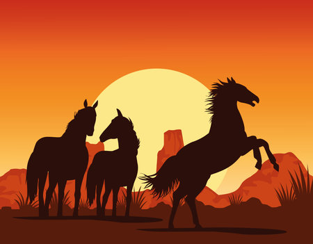 horses black animals silhouettes in the deser landscape vector illustration designのイラスト素材