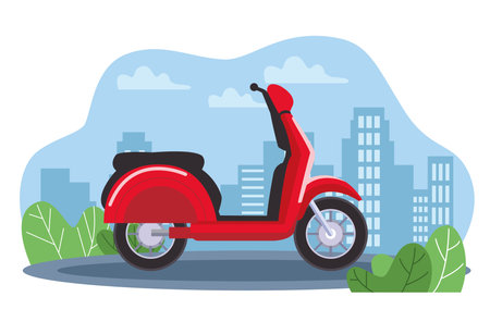 red scooter motorcycle vehicle on the city vector illustration designのイラスト素材