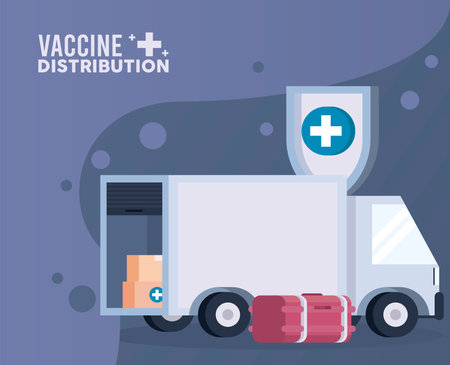 vaccine distribution logistics theme with deep freezer and truck vector illustration designのイラスト素材