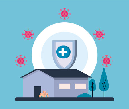vaccine distribution logistics theme with warehouse and shield vector illustration designのイラスト素材