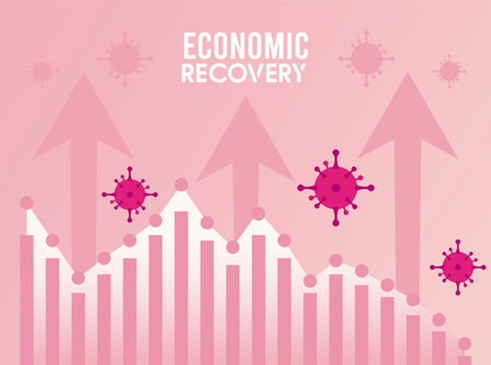 economic recovery for covid19 poster with arrows and virus particles in statistics bars vector illustration designのイラスト素材