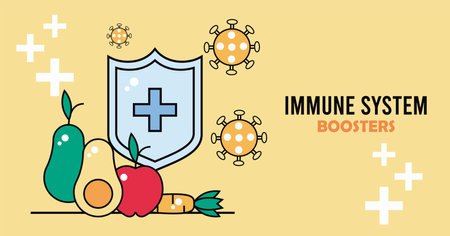 inmune system booster shield with covid19 particles and vegetables vector illustration designのイラスト素材