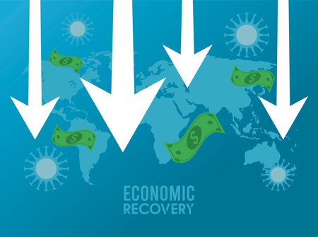 economic recovery for covid19 poster with bills dollars money and arrows down in earth maps vector illustration designのイラスト素材
