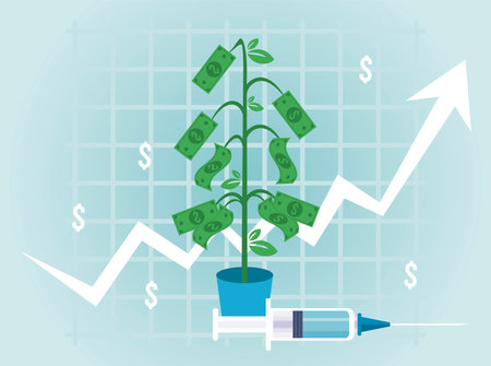 economic recovery for covid19 poster with bills plant and vaccine syringe vector illustration designのイラスト素材
