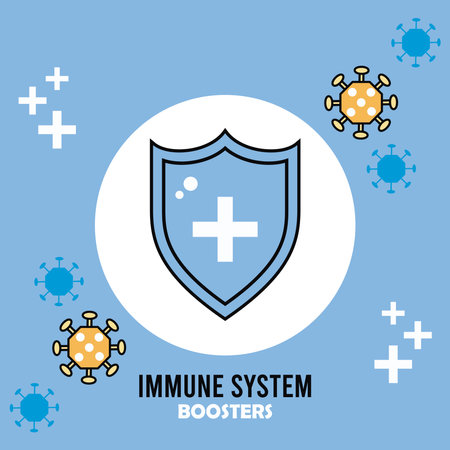 inmune system booster shield with covid19 particles vector illustration designのイラスト素材