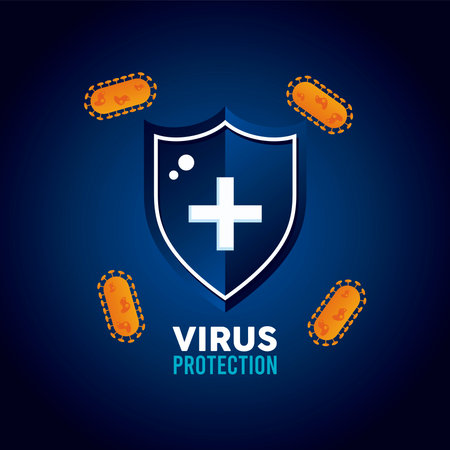 virus protection shield with bacteriums particles color orange vector illustration designのイラスト素材
