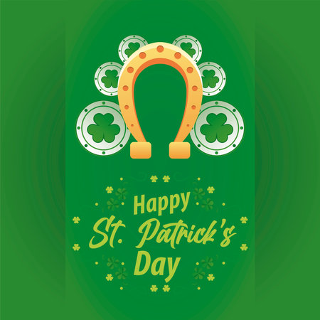 happy saint patricks day lettering with coins treasure and horseshoes vector illustration designのイラスト素材