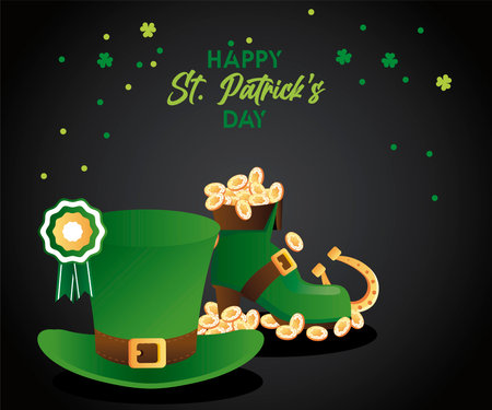 happy saint patricks day lettering with elf hat and treasure in boot vector illustration designのイラスト素材