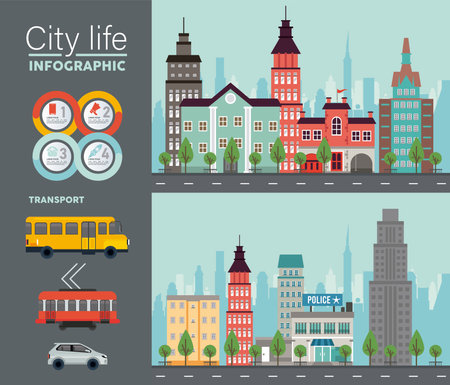 city life megalopolis lettering in cityscapes scenes and vehicles vector illustration designのイラスト素材