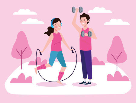 couple jumping rope and lifting dumbbells characters healthy lifestyle vector illustration designのイラスト素材