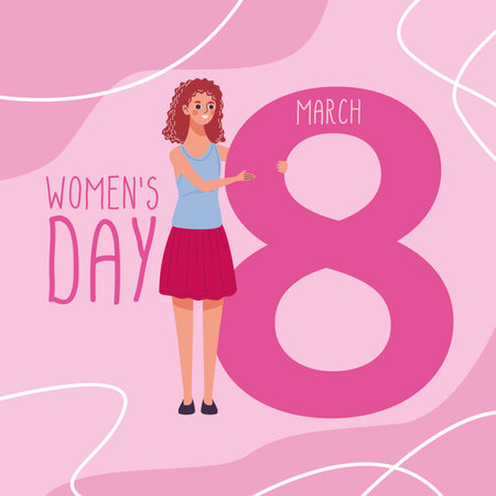beautiful woman happy lifting number eight and womens day lettering vector illustration designのイラスト素材