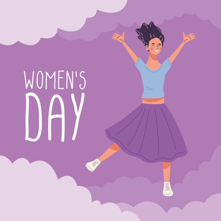 womens day lettering with young woman happy jumping character vector illustration designのイラスト素材