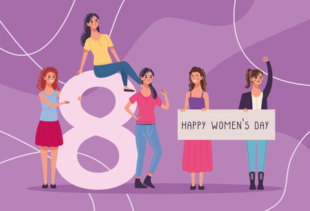 group of five beautiful young women celebrating vector illustration designのイラスト素材