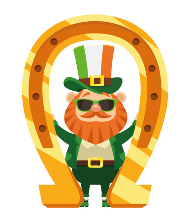 saint patrick leprechaun character with sunglasses and horseshoe golden vector illustration designのイラスト素材