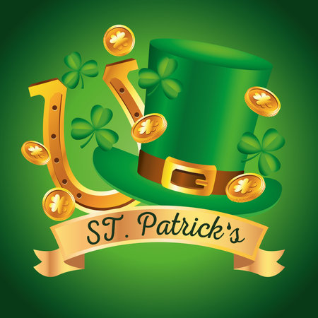 happy saint patricks day lettering with tophat and golden horseshoe vector illustration designのイラスト素材