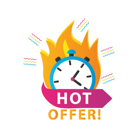 hot offer sale countdown lettering with chronometer onfire vector illustration designのイラスト素材