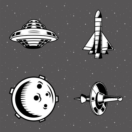 bundle of four space patches set icons in gray background vector illustration designのイラスト素材