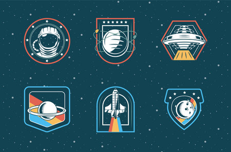 bundle of six space patches set icons in blue background vector illustration designのイラスト素材