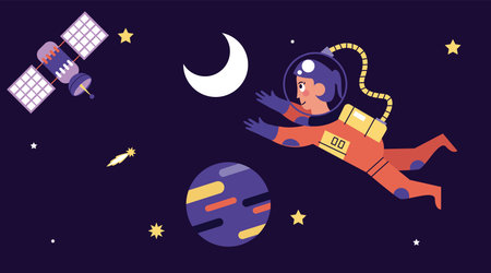astronaut girl floating with satellite space scene vector illustration design