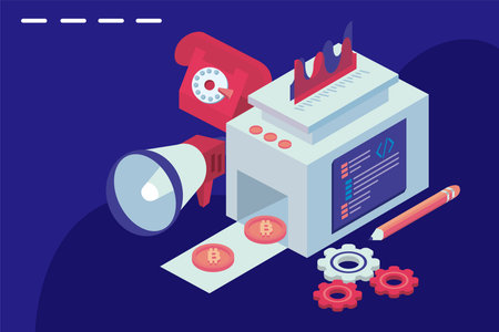 bitcoins machine with social media isometric set icons vector illustration design