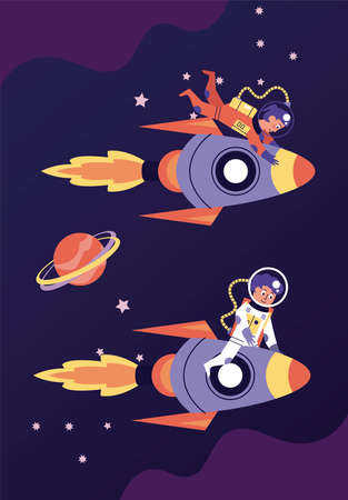 astronauts couple in rockets space scene vector illustration designのイラスト素材