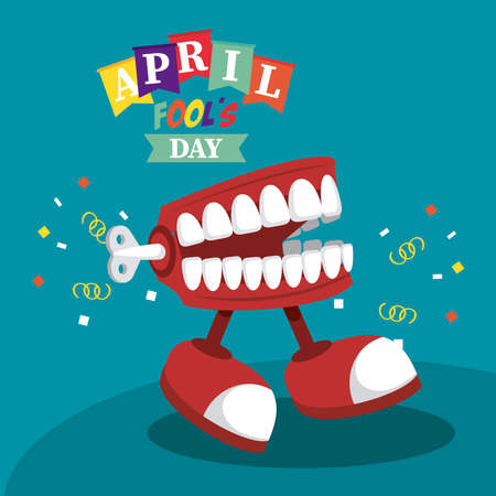 april fools day lettering with joke denture walking vector illustration designのイラスト素材