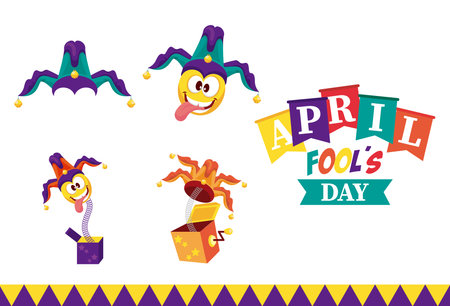 april fools day lettering with four icons vector illustration designのイラスト素材