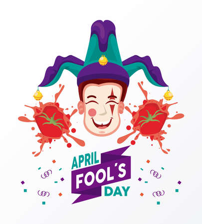 april fools day lettering with joke laughing and popped tomatoes vector illustration designのイラスト素材