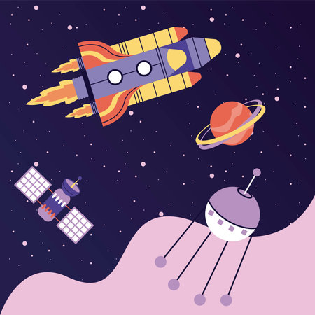 rocket and satellite space scene vector illustration designのイラスト素材
