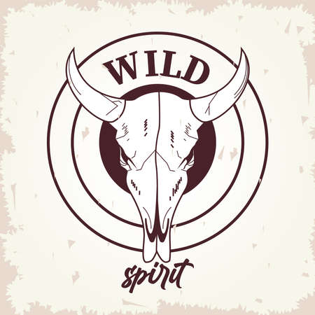 wild spirit lettering with bull head skull vector illustration designのイラスト素材