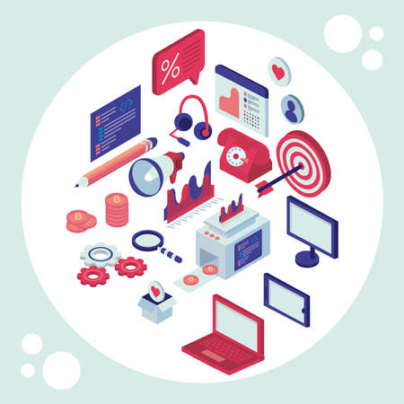 social media isometric set icons in circle vector illustration designのイラスト素材