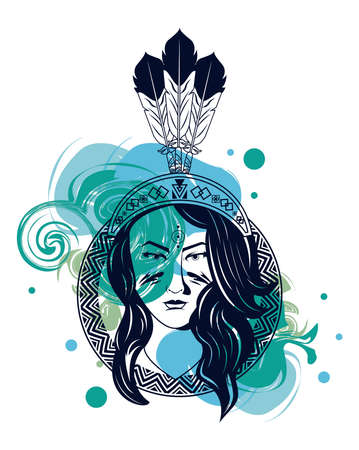 native american woman with feather hat in paint mark tribal style vector illustration designのイラスト素材