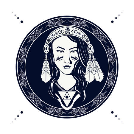 native american woman with feathers bandana in circular frame tribal style vector illustration designのイラスト素材