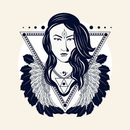 native american woman in triangular frame with feathers tribal style vector illustration designのイラスト素材