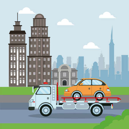 car carrier truck vehicle transport taxi on the city scene vector illustration designのイラスト素材