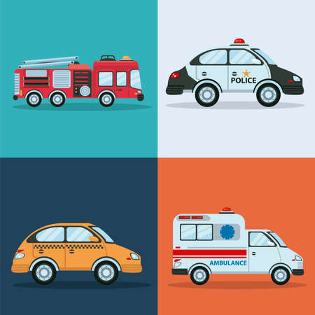 bundle of four city transport vehicles vector illustration designのイラスト素材