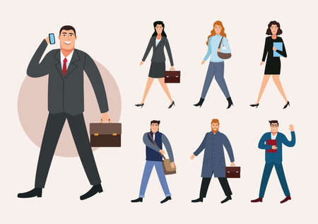 group of seven business persons walking back to office characters vector illustration designのイラスト素材