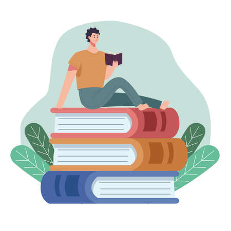 reader man reading book seated in books with leafs vector illustration designのイラスト素材