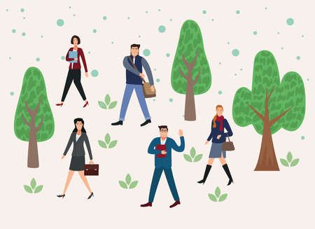 group of five business persons walking in the park back to office characters vector illustration designのイラスト素材