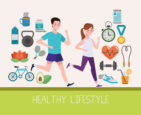 couple running with healthy lifestyle set icons vector illustration designのイラスト素材