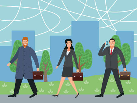 group of three business persons walking on the city back to office vector illustration designのイラスト素材