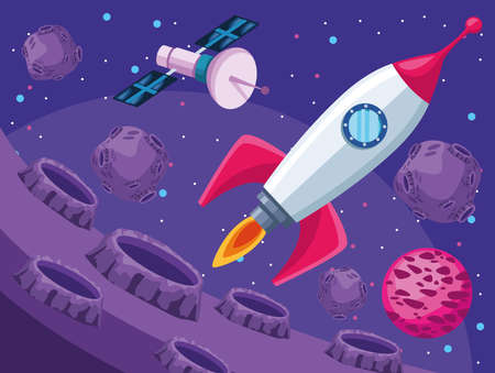 rocket and satellite space universe scene vector illustration designのイラスト素材