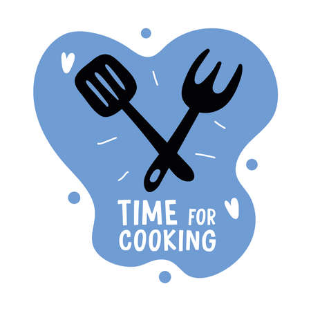 time for cooking lettering with fork and spatula silhouette style icon vector illustration designのイラスト素材