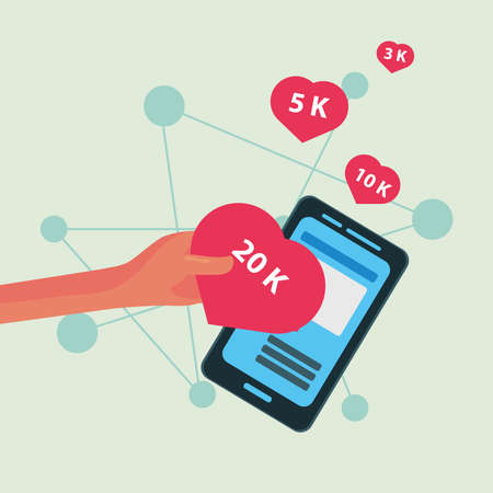 hand with smartphone and hearts love vector illustration designのイラスト素材
