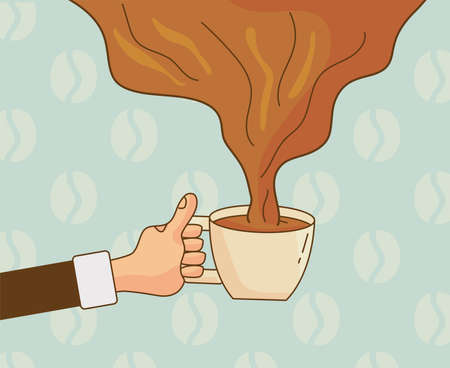 hand lifting coffee drink in ceramic cup and liquid vector illustration designのイラスト素材