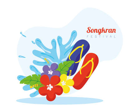songkran festival celebration lettering with flowers and flip flops vector illustration designのイラスト素材