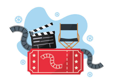 director film chair with clapperboard and ticket vector illustration designのイラスト素材