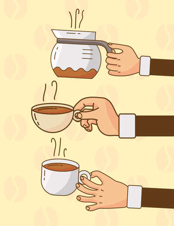 hand lifting coffee drinks in ceramic cups and teapot vector illustration designのイラスト素材